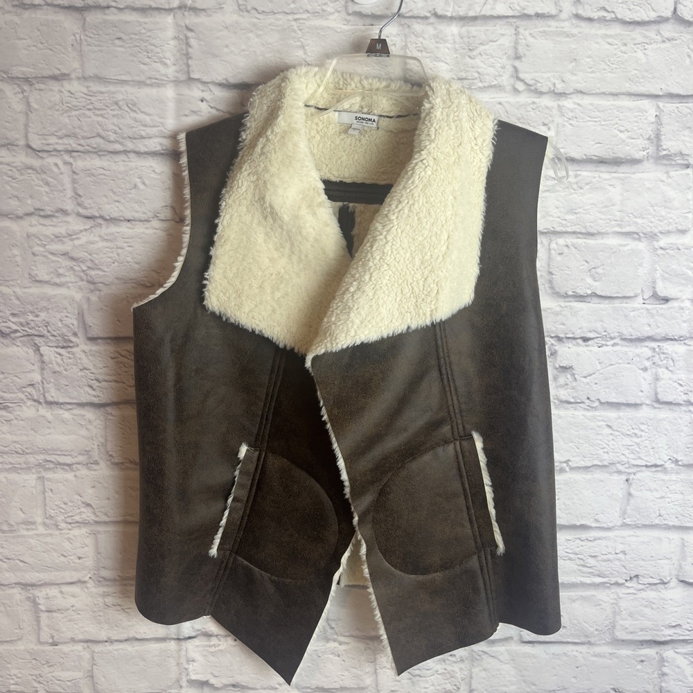 Sonoma NWT Boho Cottagecore Faux Leather Shearling Open Front Vest Size Large